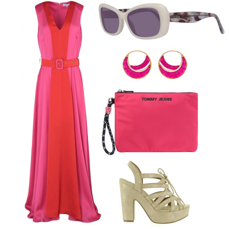 Outfit donna - Aperitivo in spiaggia. Stile Trendy per Serata fuori. Abbinamento con vestito lungo, pochette, orecchini, sandali, occhiali da sole.