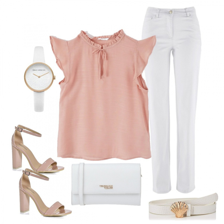 Outfit donna - Pink&white. Stile Bon Ton per Serata fuori. Abbinamento con pantaloni, borsa a tracolla, camicie a manica corta, sandali col tacco, cinture, orologi.