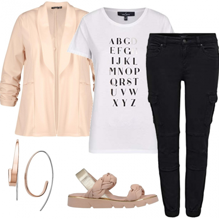 Outfit mujer - Rosa rosae rosas. Estilo Basic para Todos los días. Combinación con vaqueros, camiseta, blazer, pendientes.