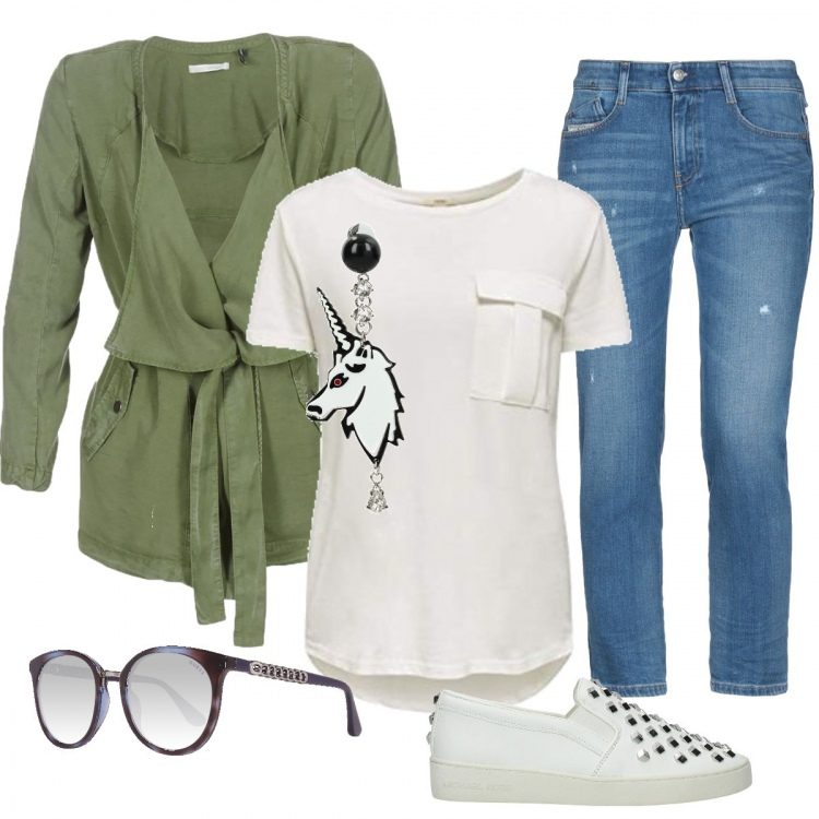 Outfit donna - Il mio orecchino portafortuna. Stile Trendy per Tutti i giorni. Abbinamento con pantalone lungo, scarpa, orecchini, blazer, t-shirt, occhiali da sole.