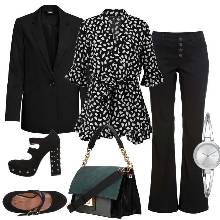 Outfit donna - Nero chic casual. Stile Urban per Tutti i giorni. Abbinamento con orologi, décolleté, blazer, pantaloni a palazzo, tuta corta, borsa a mano.