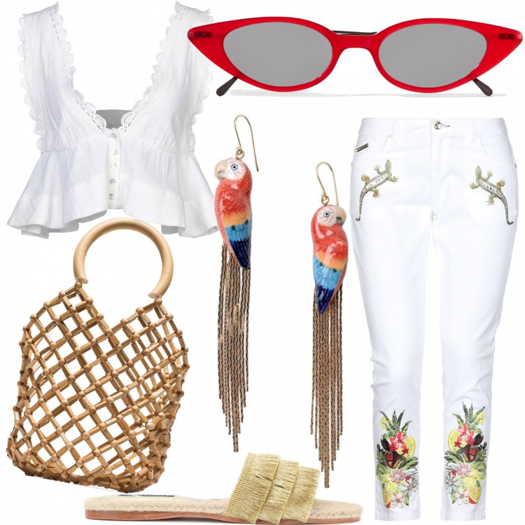 Outfit mujer - Inspiración Cubana. Estilo Trendy para Todos los días. Combinación con pantalones, top, sabot, pendientes, bolso shopper, gafas de sol.