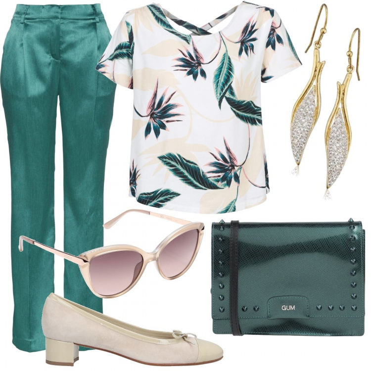 Outfit donna - Orecchini + occhiali da sole. Stile Chic per Cerimonia. Abbinamento con pantaloni, borse a mano, occhiali da sole, décolleté, top, orecchini.