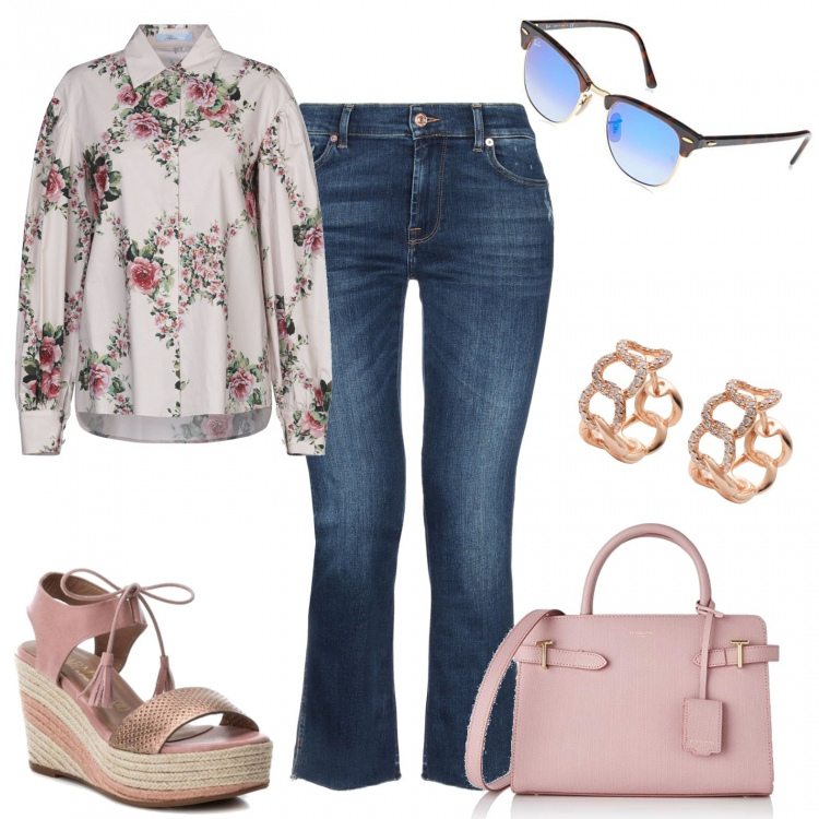 Outfit mujer - Chic #15750. Estilo Chic para Todos los días. Combinación con bolsos de hombro, gafas de sol y monturas para gafas graduadas multicolore, espadrillas, pendientes con strass, camicia fantasia floreale.