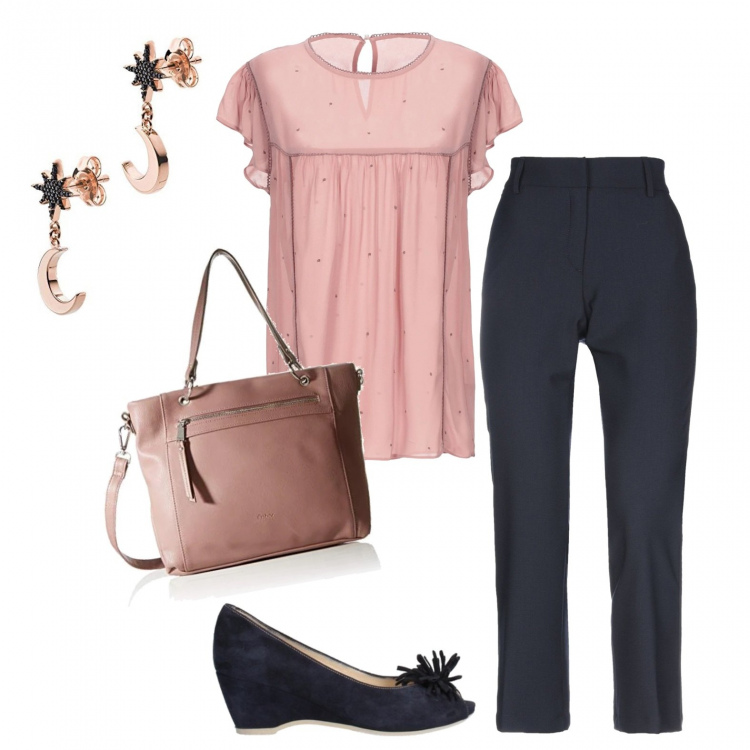 Outfit mujer - Rosa vieja. Estilo Chic para Todos los días. Combinación con shopping bag rosa, pendientes oro, sandalias, blusas, pantalones.