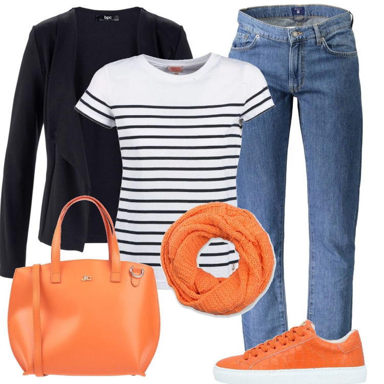 Outfit donna - Orange monday. Stile Basic per Tutti i giorni. Abbinamento con blazer, sneakers, borse a mano, jeans, camicia a maniche corte, foulard.