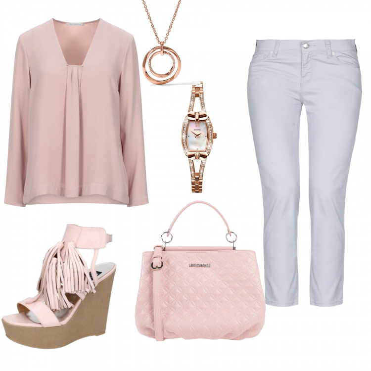Outfit mujer - Piel morena: rosa empolvado. Estilo Urban para Todos los días. Combinación con reloj, colgantes, sandalias, pantalones largos, blusas.