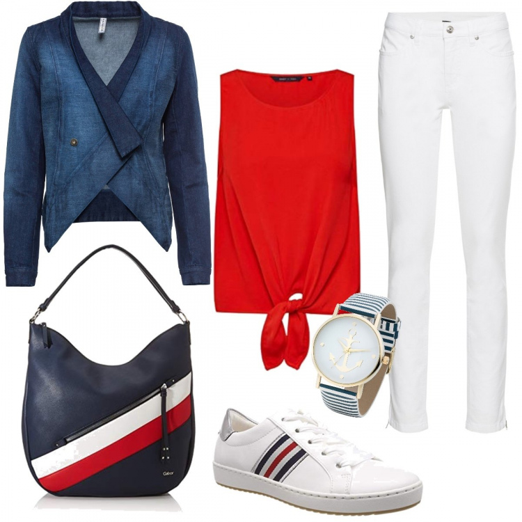 Outfit donna - Una passeggiata sul lungomare. Stile Basic per Tutti i giorni. Abbinamento con jeans skinny, blazer, orologi, top, scarpe stringate, borse a spalla.
