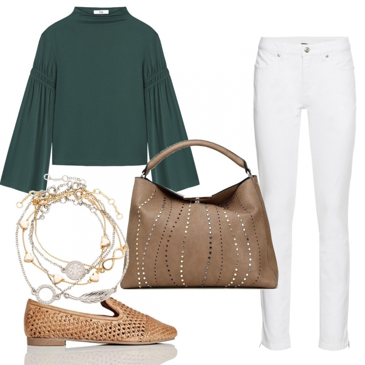 Outfit donna - Primavera casual chic. Stile Trendy per Tutti i giorni. Abbinamento con jeans skinny, braccialetti con ciondoli, borsa a mano, pullovers, mocassini.
