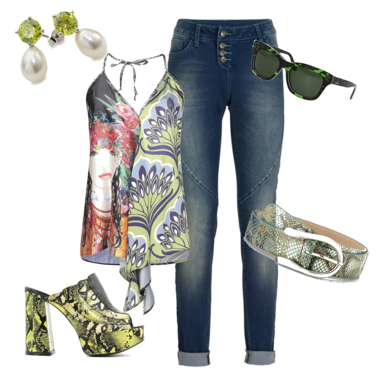 Outfit donna - Anfiteatro di colore. Stile Trendy per Tutti i giorni. Abbinamento con jeans boyfriend, top, occhiali da sole, sandali, cinture, orecchini.