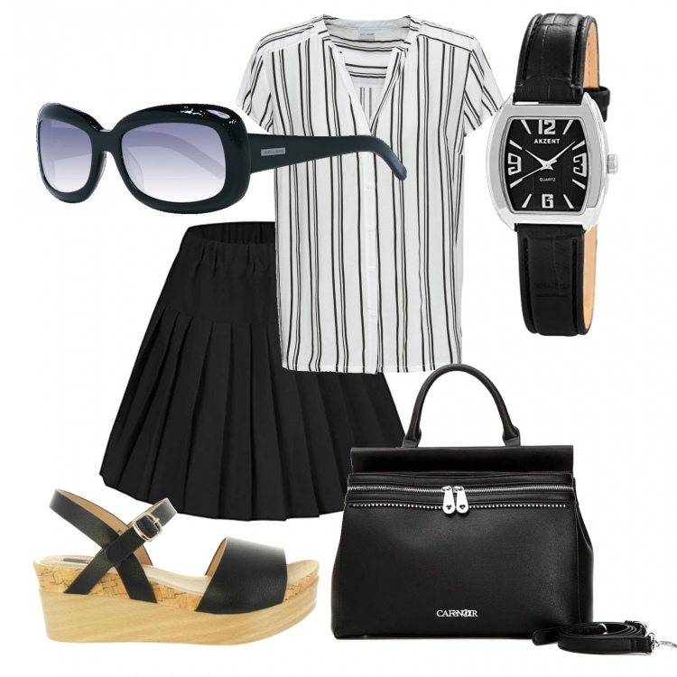 Outfit donna - Dalle 9 alle 5. Stile Bon Ton per Ufficio. Abbinamento con camicie a manica corta, borsa a mano, minigonne, sandali con tacco, occhiali da sole, orologi analogici.
