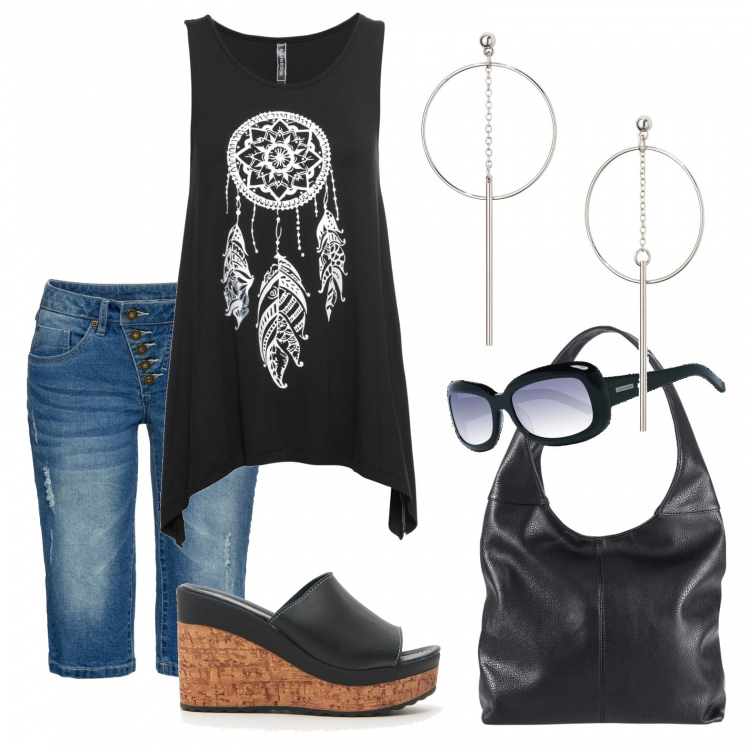 Outfit donna - Rock&roll. Stile Rock per Serata fuori. Abbinamento con top, bermuda, borse a spalla, orecchini, sandali, occhiali da sole.