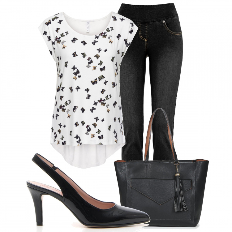 Outfit donna - Trendy #28779. Stile Trendy per Scuola/Università. Abbinamento con jeans, maglieria, borsa a spalla, décolleté.