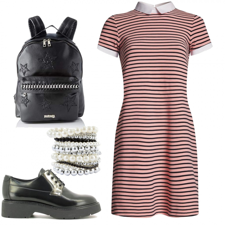 Outfit donna - Lunedì Sopra le Righe. Stile Basic per Tutti i giorni. Abbinamento con scarpe stringate, vestiti, borsa a spalla, braccialetti.