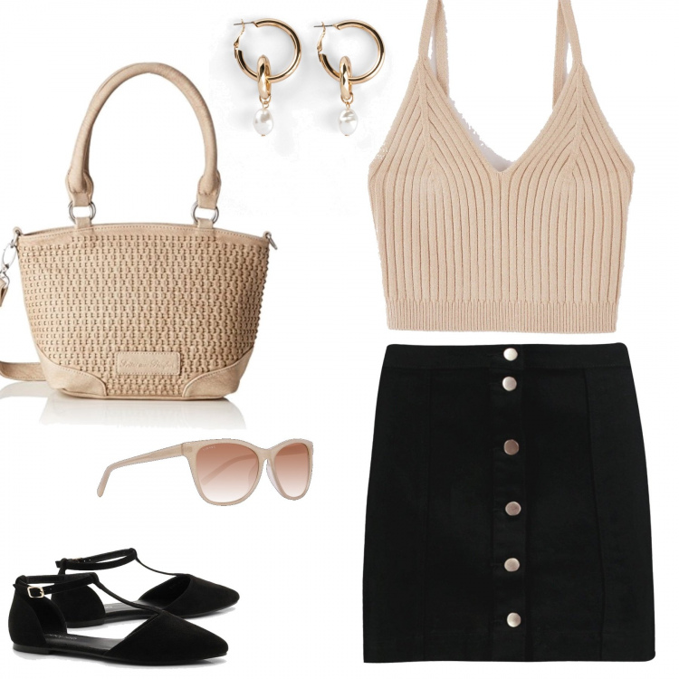 Outfit donna - Ballerine Trendy. Stile Urban per Tutti i giorni. Abbinamento con gonna, ballerine, top, borse a secchiello, occhiali da sole, orecchini.