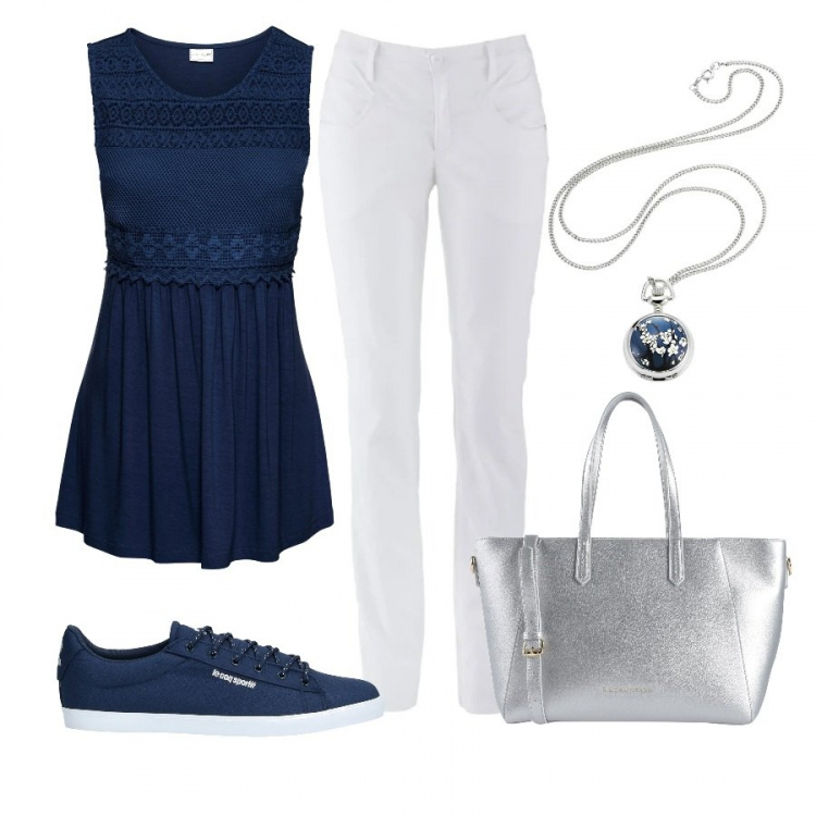 Outfit donna - Top blu con ricamo. Stile Trendy per Tutti i giorni. Abbinamento con pantaloni, top, collane, sneakers, borsa a mano.
