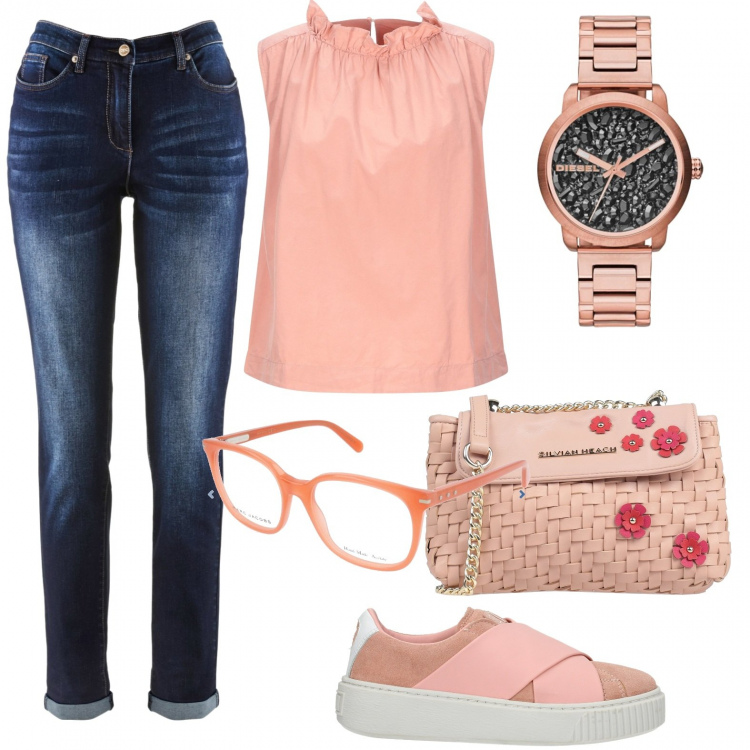 Outfit donna - La borsa rosa cipria. Stile Trendy per Tutti i giorni. Abbinamento con jeans boyfriend, top, borse a spalla, sneakers, orologi analogici, occhiali.