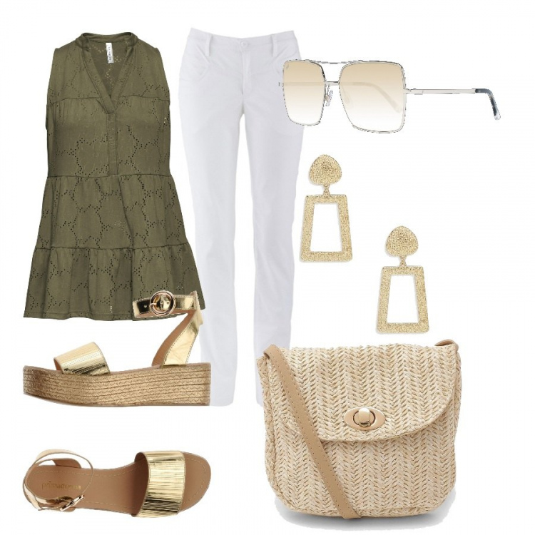 Outfit donna - Borsa di paglia. Stile Trendy per Tutti i giorni. Abbinamento con pantaloni, pullovers, sandali, borsa a tracolla, orecchini, occhiali da sole.