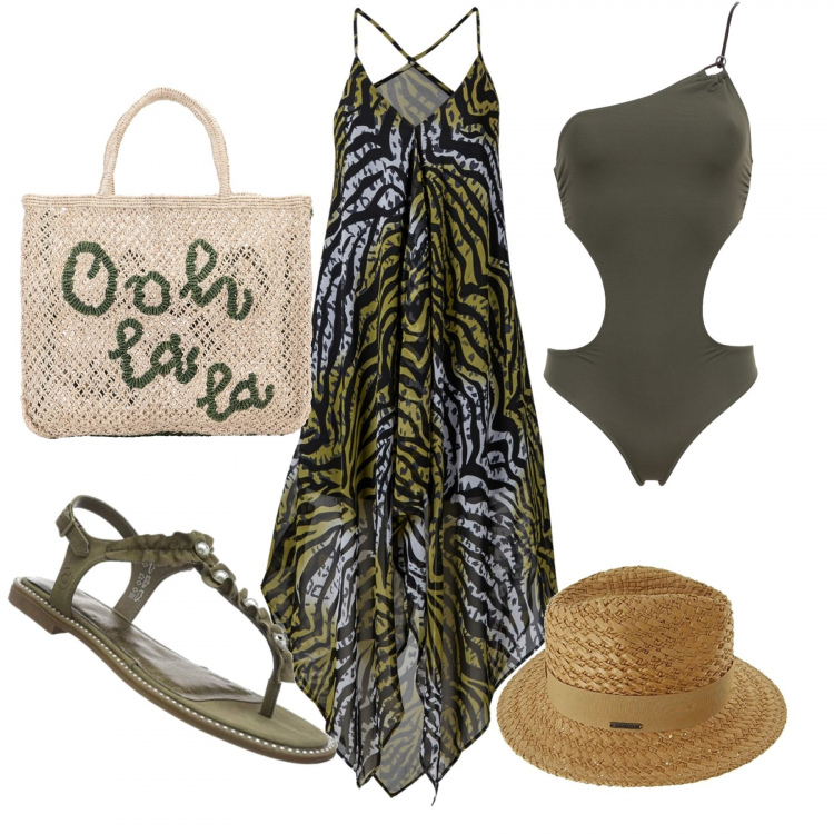 Outfit donna - Trendy #28861. Stile Trendy per Mare. Abbinamento con vestiti da spiaggia, borse a mano, costumi, infradito, cappelli.