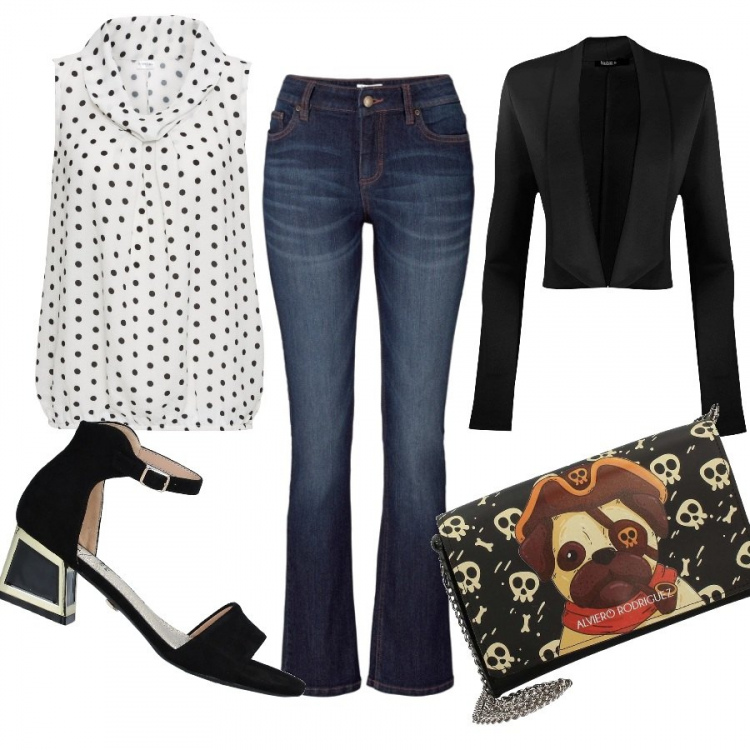 Outfit donna - In ufficio con stile. per Ufficio. Abbinamento con jeans bootcut, bluse, sandali col tacco, blazer, borsa a tracolla.