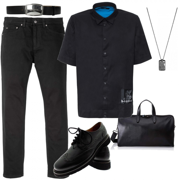 Outfit uomo - Pronto per il week end. Stile Urban per Tutti i giorni. Abbinamento con jeans slim fit, cinture, scarpe stringate, collane, camicie, borsa a spalla.