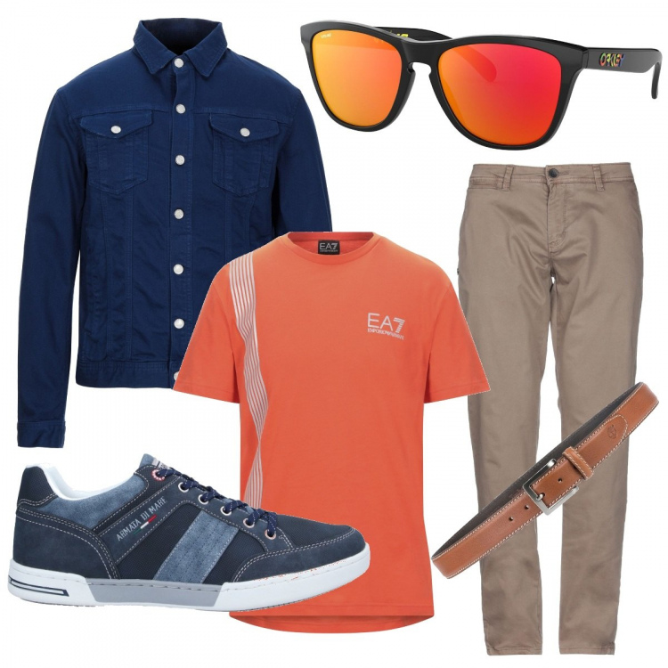 Outfit uomo - Casual orange. Stile Casual per Tutti i giorni. Abbinamento con sneakers, t-shirt, pantalone lungo, cinture, giacca, occhiali da sole.