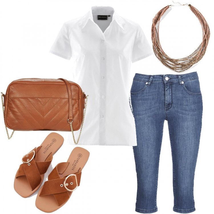 Outfit donna - Semplice charme. Stile Basic per Tutti i giorni. look ideale per Tall. Abbinamento con camicie a manica corta, collane, sandali, pantaloni, borsa a tracolla.