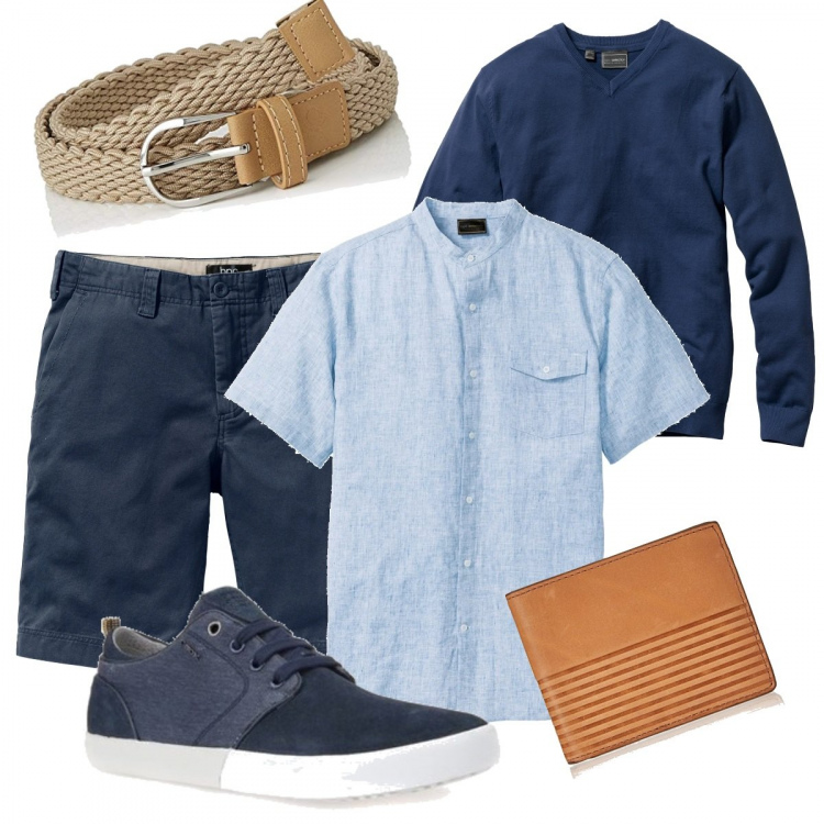 Outfit uomo - Serata al mare. Stile Casual per Mare. Abbinamento con maglieria, camicie a manica corta, bermuda, sneakers, portafogli, cinture.