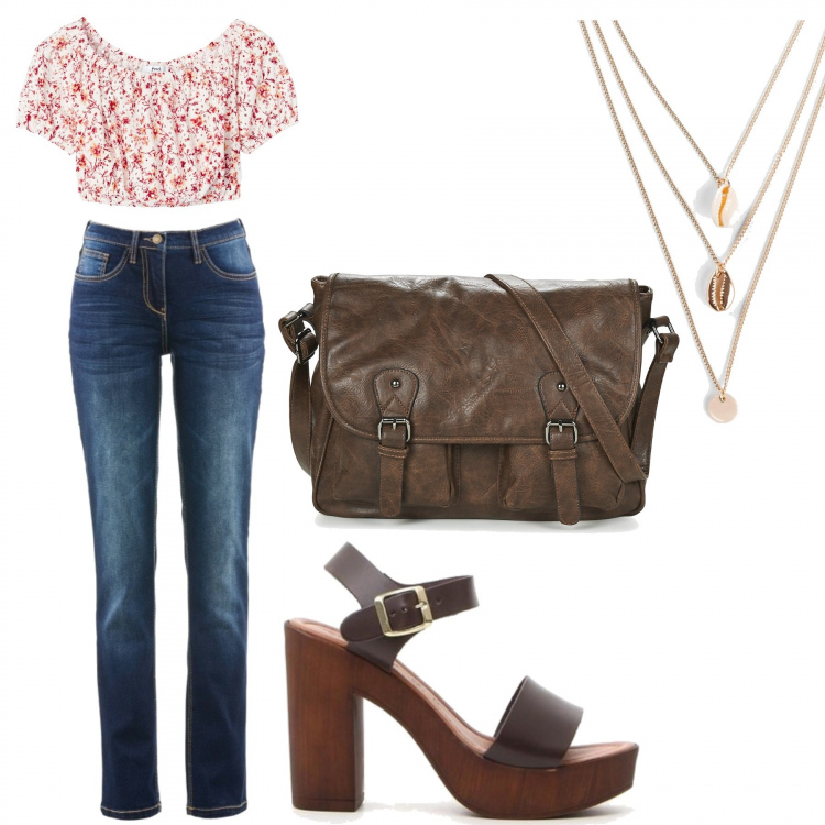 Outfit donna - Daily. Stile Basic per Tutti i giorni. Abbinamento con jeans dritti, collane, borsa a tracolla, sandali, top.