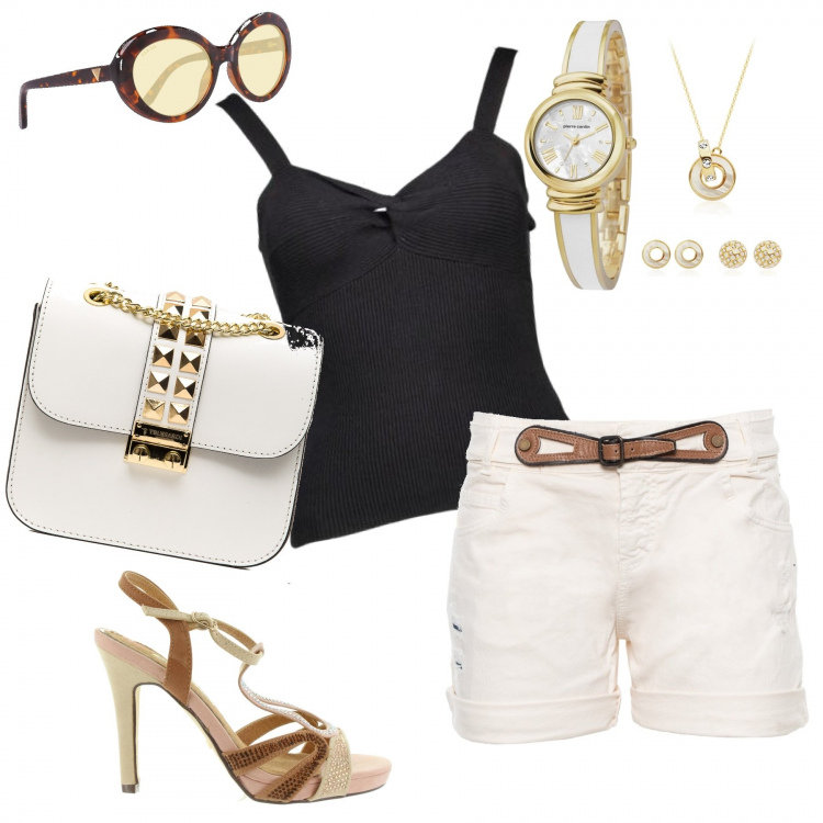 Outfit donna - Caldo oro. Stile Etnico per Tutti i giorni. Abbinamento con sandali in pelle, shorts, borsa, canottiera, orologio, occhiali da sole.