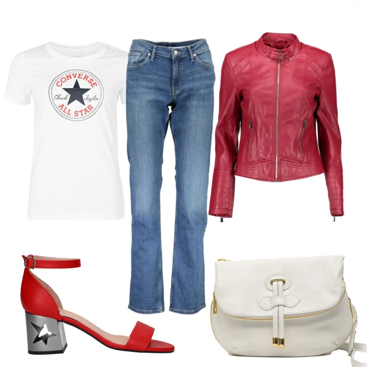 Outfit donna - Jeans e sandali. Stile Basic per Tutti i giorni. Abbinamento con borsa, jeans, sandali, blazer, t-shirt.