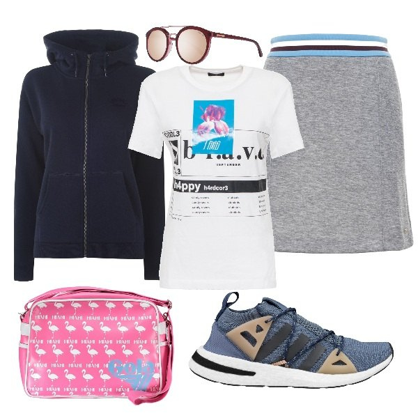 Outfit donna - Marinella5p. Stile Trendy per Scuola/Università. Abbinamento con felpa, gonna, scarpa sportiva, t-shirt, occhiali da sole, borse sportive.