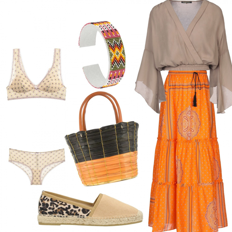 Outfit femme - Bohème Monday. Style Basique pour Tous les jours. Assortir avec jupes longues, chemisiers, espadrilles, bracelets, sac cabas.
