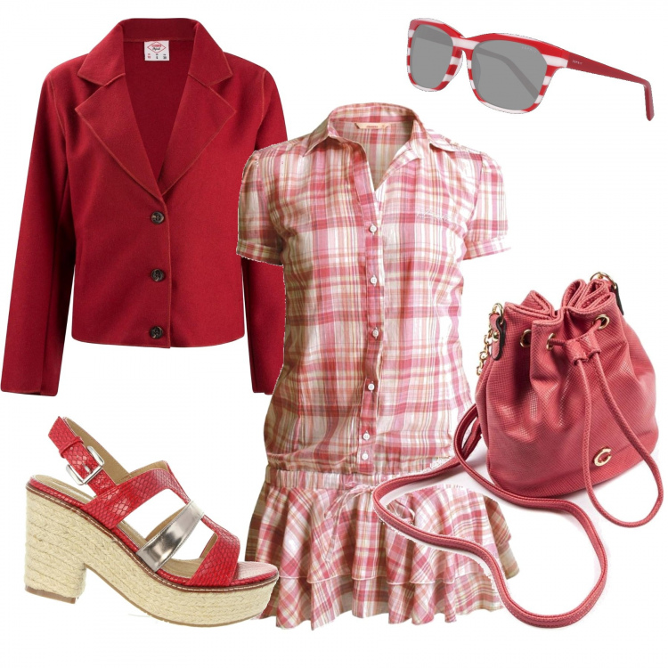 Outfit donna - Tutina donna rosa. Stile Chic per Tutti i giorni. Abbinamento con camicie, cappotto, borse a mano, sandali, occhiali da sole.