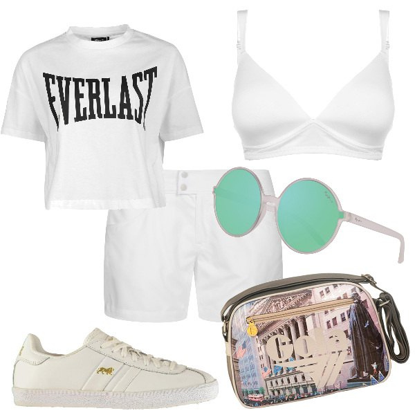 Outfit donna - Basic #18400. Stile Basic per Tutti i giorni. Abbinamento con borsa sportiva, reggiseni, pantaloni, sneakers, t-shirt, occhiali da sole.
