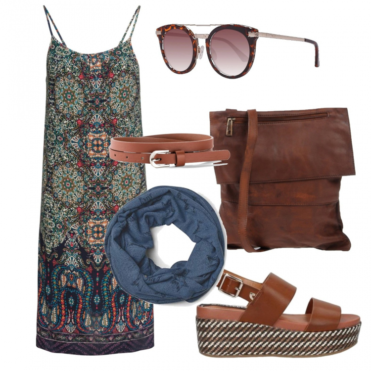 Outfit donna - Hippie mood. Stile Etnico per Tutti i giorni. Abbinamento con vestiti, slip, borse messenger, zeppe, occhiali da sole, sciarpa.