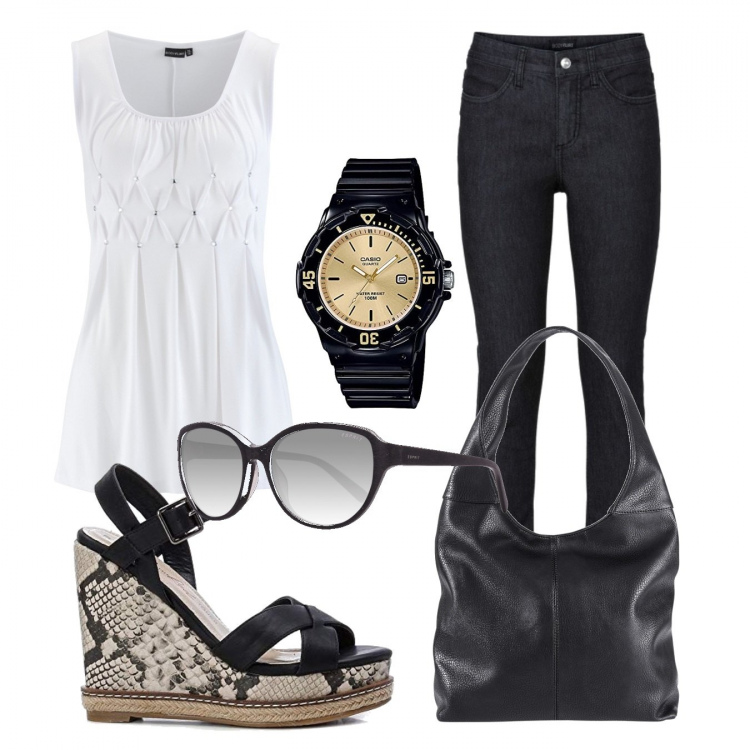 Outfit donna - Trendy #29165. Stile Trendy per Tutti i giorni. Abbinamento con jeans skinny, top, borse a spalla, sandali, orologi analogici, occhiali da sole.