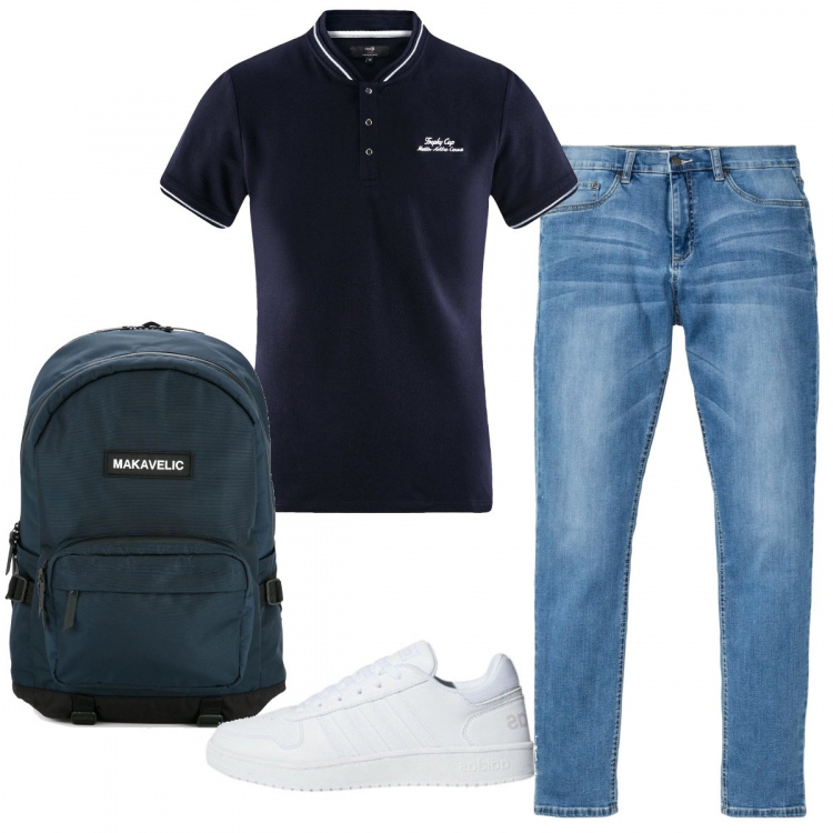 Outfit uomo - Casual #9110. Stile Casual per Tutti i giorni. Abbinamento con jeans, sneakers, zaino, polo.
