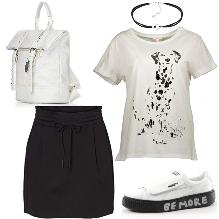 Outfit mujer - I Love Pongo. Estilo Urban para Escuela/Universidad. Combinación con minifaldas, camiseta, collar, mochilas.