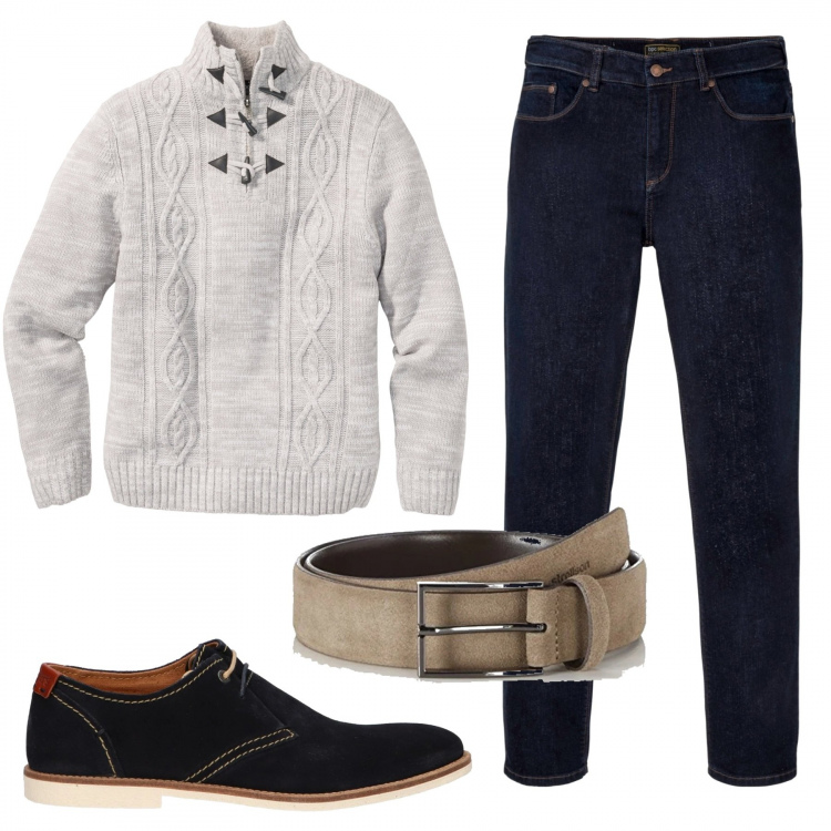Outfit uomo - Casual #9183. Stile Casual per Tutti i giorni. Abbinamento con jeans dritti, maglieria, cinture, scarpe stringate.