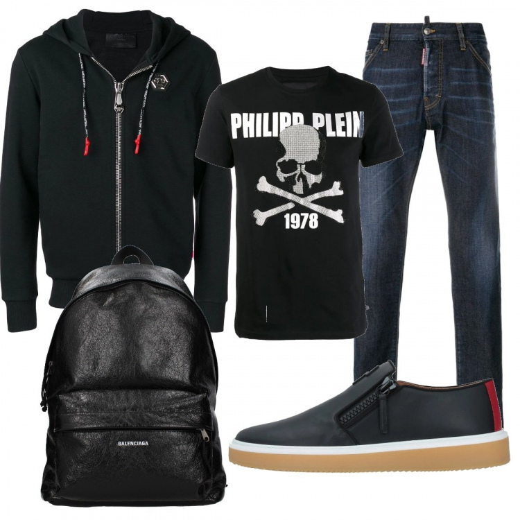 Outfit uomo - Total look #555784. Abbinamento con zaino, jeans, t-shirt, felpe con cappuccio, sneakers.