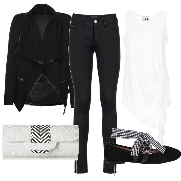 Outfit donna - Bianco e nero di giorno. Stile Urban per Tutti i giorni. Abbinamento con pantaloni, blazer scollo a cascata con zip, top forma asimmetrica bianco.