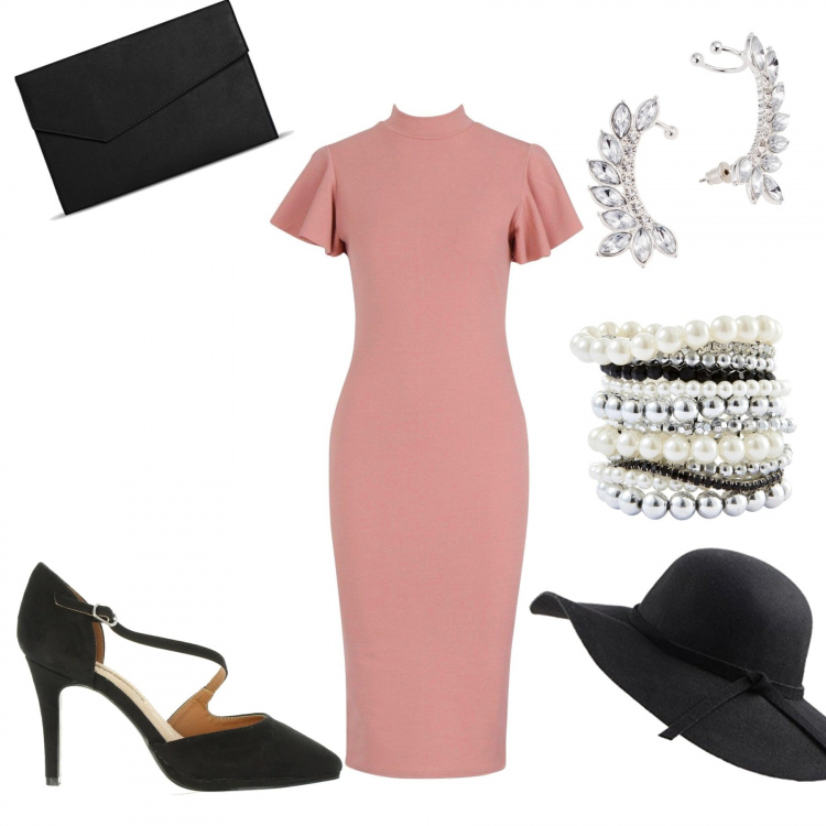 Outfit donna - Cipria chic. Stile Bon Ton per Cerimonia. Abbinamento con braccialetti, orecchini, vestito longuette/midi, scarpe col tacco, cappelli, portafogli.