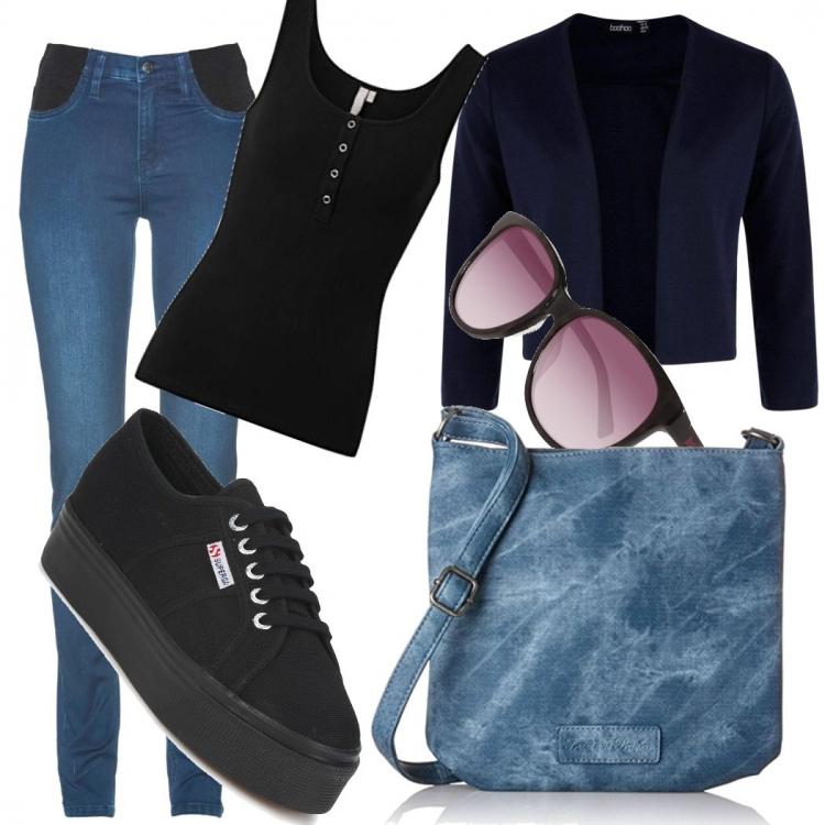 Outfit donna - Basic blue. Stile Basic per Tutti i giorni. Abbinamento con jeans skinny, blazer, sneakers, canottiere, borse a spalla, occhiali da sole.