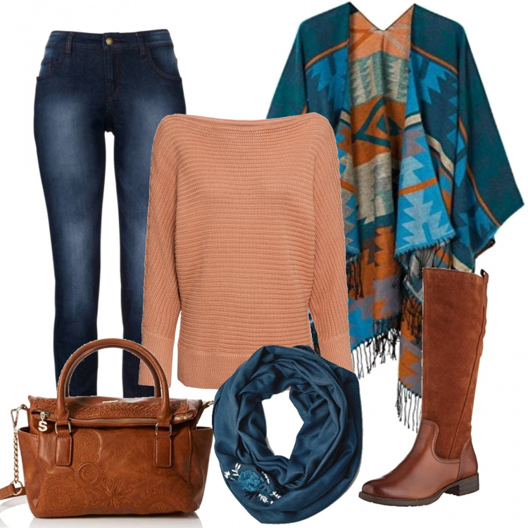 Outfit donna - Country style. Stile Urban per Tutti i giorni. Abbinamento con jeans skinny, maglioni, poncio, borse a mano, stivali, sciarpa.