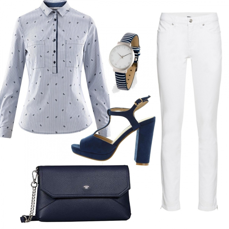 Outfit donna - Blu in camicia. Stile Urban per Ufficio. Abbinamento con jeans skinny, orologi, camicie, sandali, borsa a tracolla.