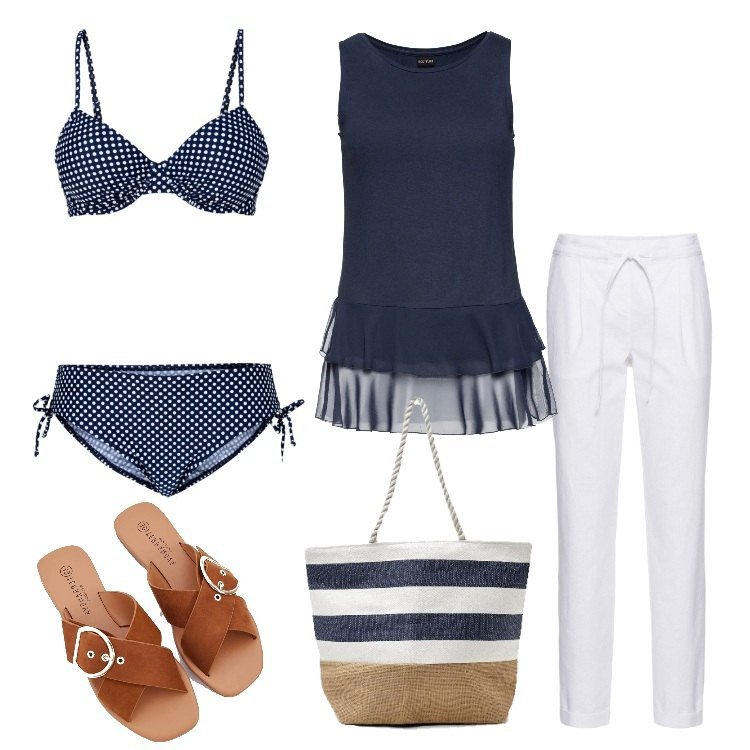 Outfit donna - Top con volant e bikini a pois. Stile Basic per Mare. Abbinamento con pantaloni, top, bikini, sandali, borsa.