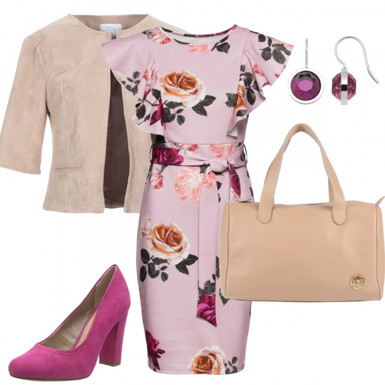 Outfit donna - 26027. Stile Chic per Ufficio. Abbinamento con borse a mano, blazer, pantaloni chino, orecchini, scarpe col tacco.