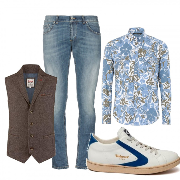 Outfit uomo - I fiori con il gilet. Stile Casual per Tutti i giorni. Abbinamento con sneakers, pantalone lungo, camicia, gilet.