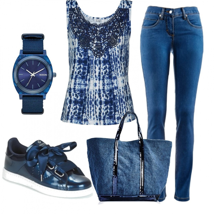 Outfit donna - Basic #18698. Stile Basic per Scuola/Università. Abbinamento con jeans dritti, top, sneakers, borse tote, orologio digitale.